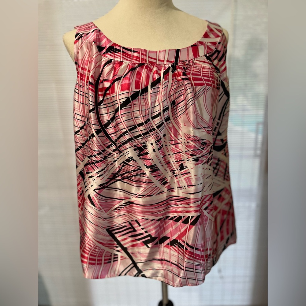 NWT ST. JOHN SIZE XL PINK BLACK/WHITE  SLEEVELESS SILK LADIES TOP